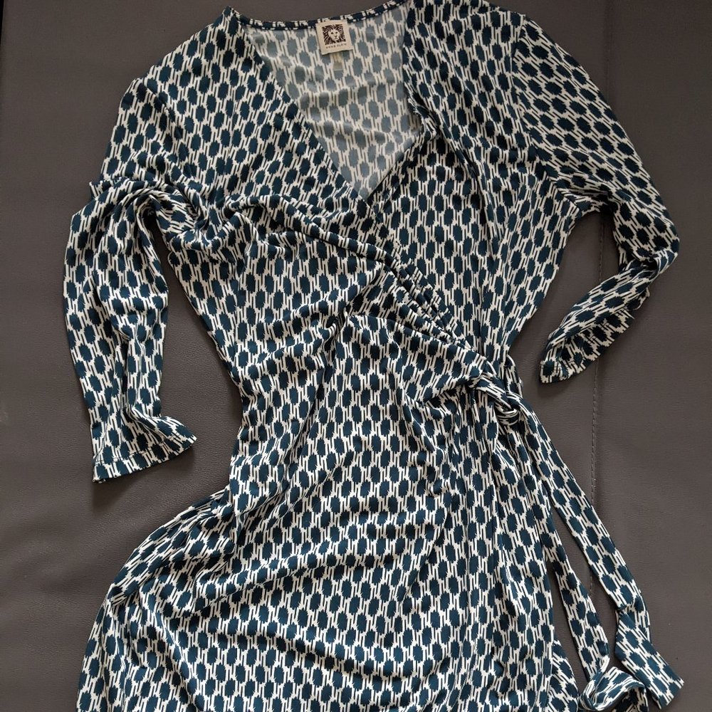 Anne Klein Signature Classic Faux Wrap in Deep Green and White Pattern